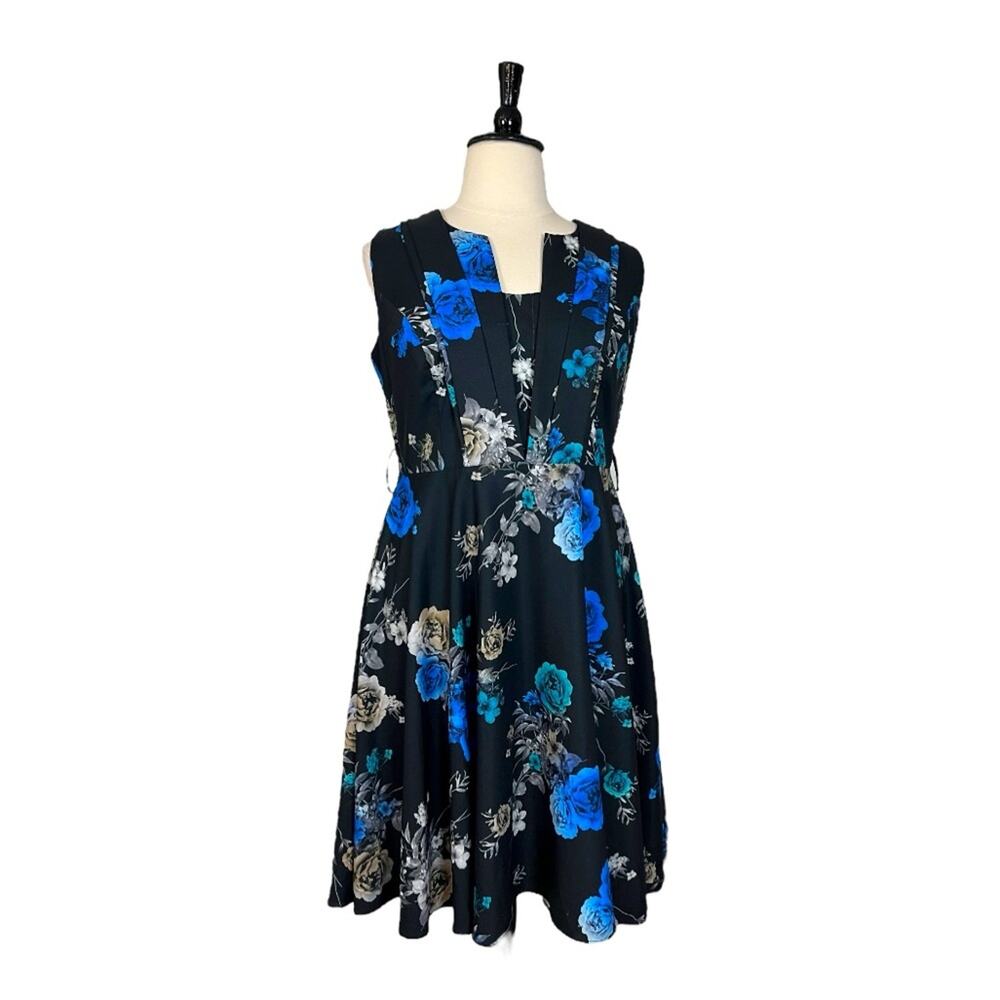 City Chic Midi Dress Fit Flare V-neck Black Blue Green Floral Women’s Size 16